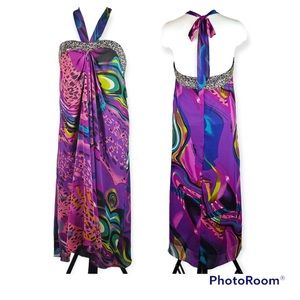 Beach summer vacation halter dress with gold sequin stripe. EUC